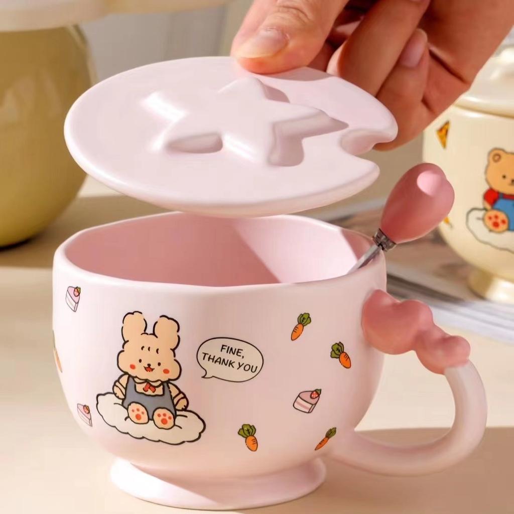 Colle Crème Tasse Mignonne de Dessin Animé avec Couvercle Cuillère Tasse à Eau de Haute Valeur Tasse à Café en Céramique Tasse à Thé de l'Après-Midi