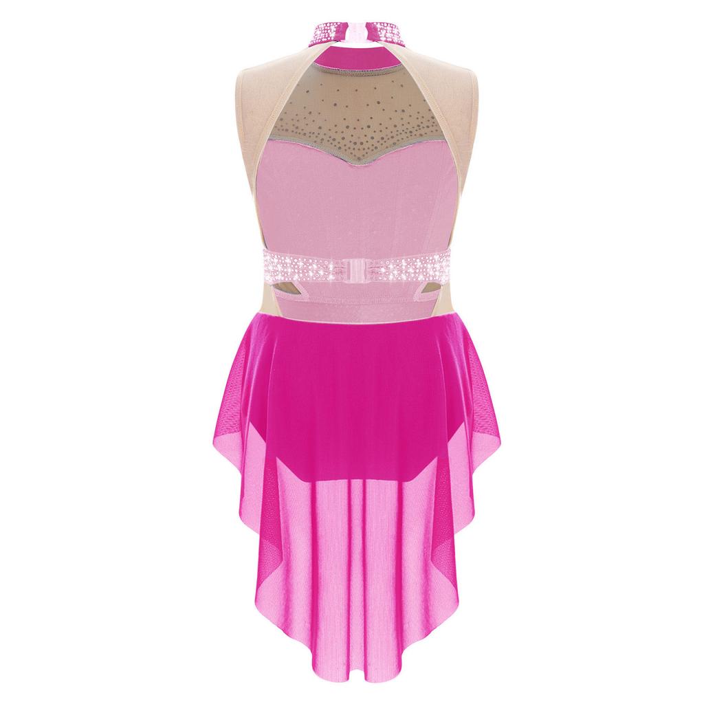 Girls Mock Neck Sleeveless Shiny Rhinestones Color Block Mesh Patchwork Skirted Leotard Lyrical Dance Costume