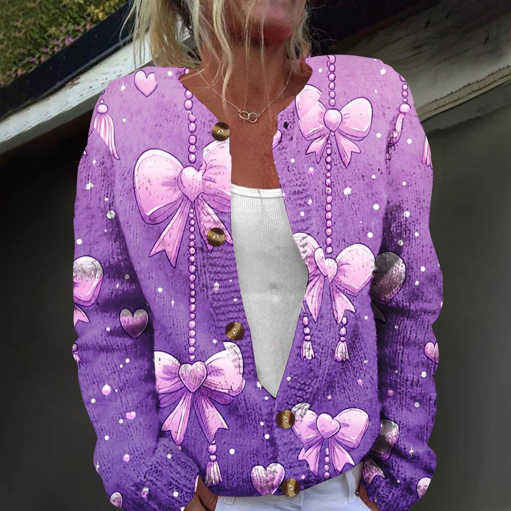 Women's Fashion Printed Long Sleeve Knitted Cardigan Button Down Jacket