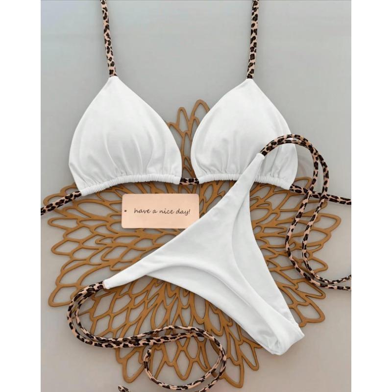 

Женский Бикини-комплект с леопардовым принтом на шалфейно-зеленом фоне, с завязками по бокам, стринги, двухсекционный купальник S белый