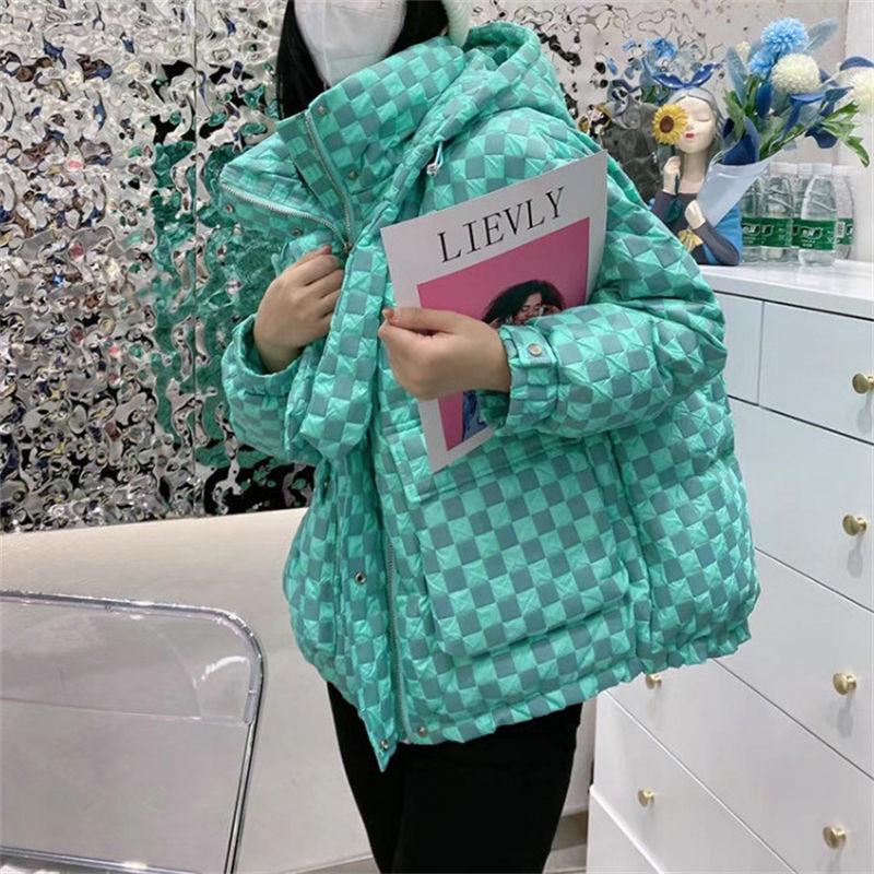 New Checkerboard Down Jacket Women's Short Hooded Loose Thickened White Duck Down Jacket Trend