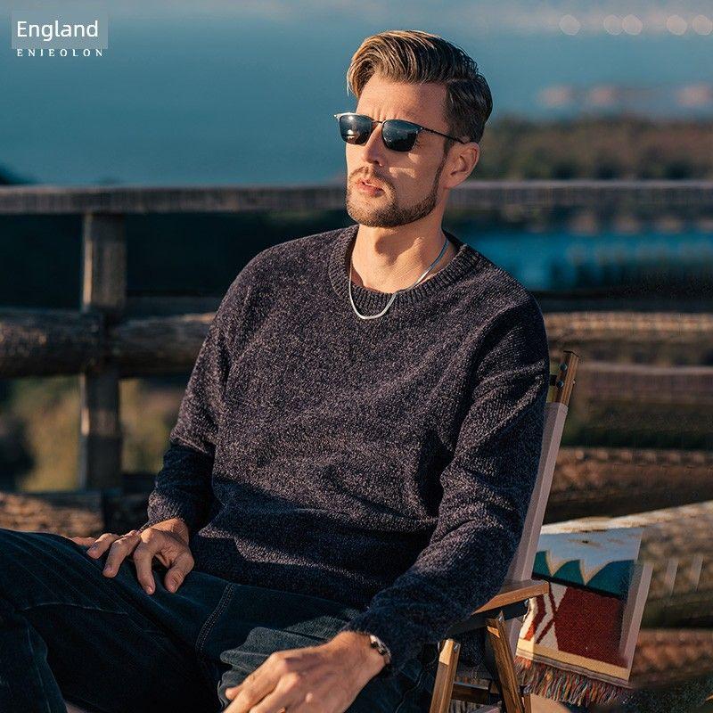 

Injue Lun Soft Glutinous Thick Chenille Men round Neck Sweater Fall and Winter Heattech Sweater Pure Color Loose Black Gray L