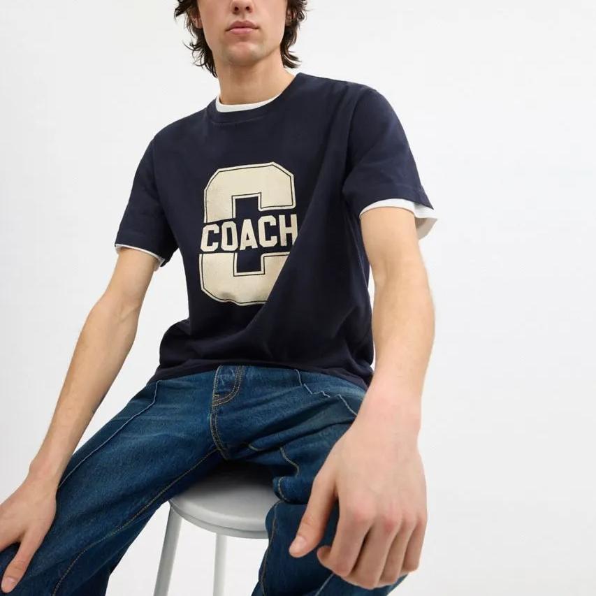 Coach SS25 Letter Print Cotton Crew Neck Short Sleeve T-Shirt Men T-Shirts Navy-Blue CAH84-RF2