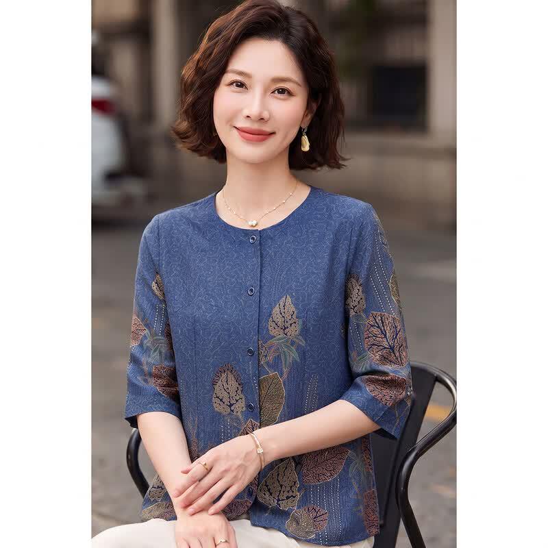 Women s Elegant Leaf Print Short-Sleeve Blouse XXXL