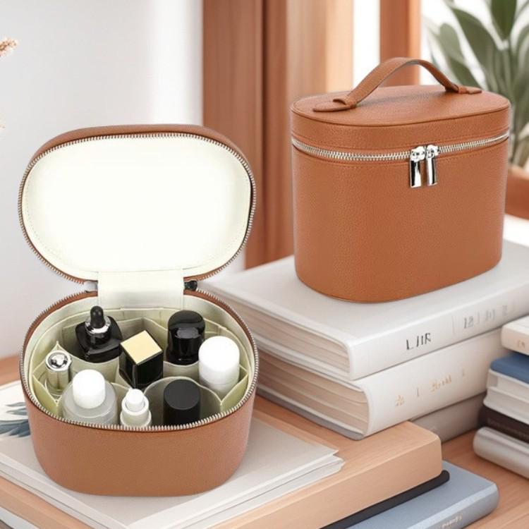 Lychee Grain PU Leather Double Zipper Makeup Bag - Large Capacity, Travel Waterproof Toiletries & Skincare Storage
