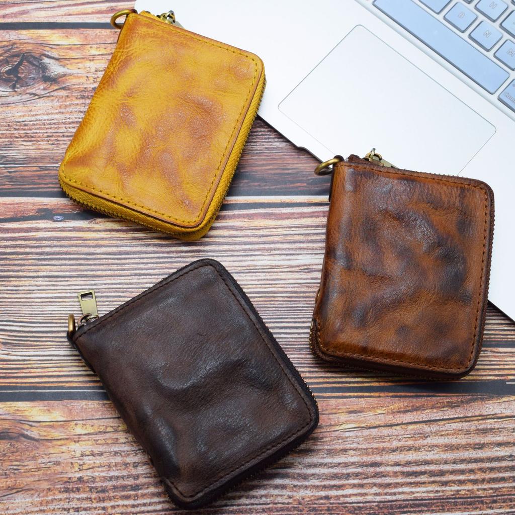 Men's Retro Short Zipper Wallet, Vegetable Tanned Leather Wallet, Vertical Wallet, Trendy