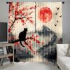 2pcs Elegant Japanese Sakura Sheer Curtains – Black Cat & Mount Fuji Design for Bedroom & Living Room Decor