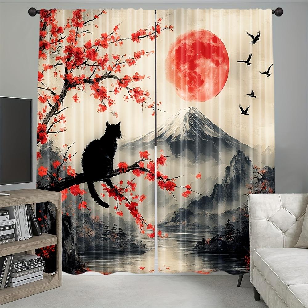 2pcs Elegant Japanese Sakura Sheer Curtains – Black Cat & Mount Fuji Design for Bedroom & Living Room Decor