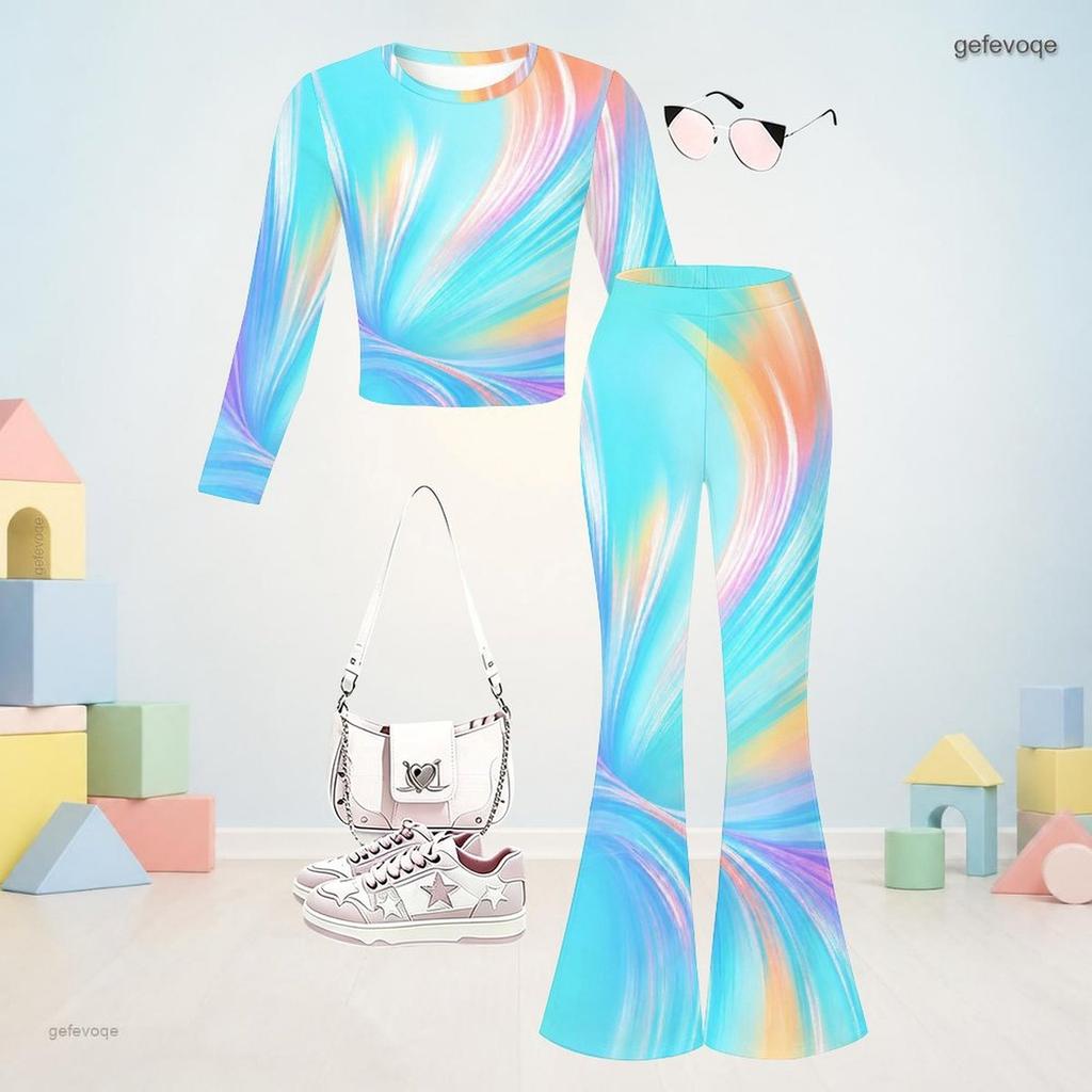 Girls Printed Round Neck Long Sleeve Crop Top Flared Pants Two Piece Set