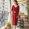 One Ambu Knit Beautiful Long Office Beige Women's Dress, V-Neck, Sleeves, Casual, I-Line, Loungewear, White,