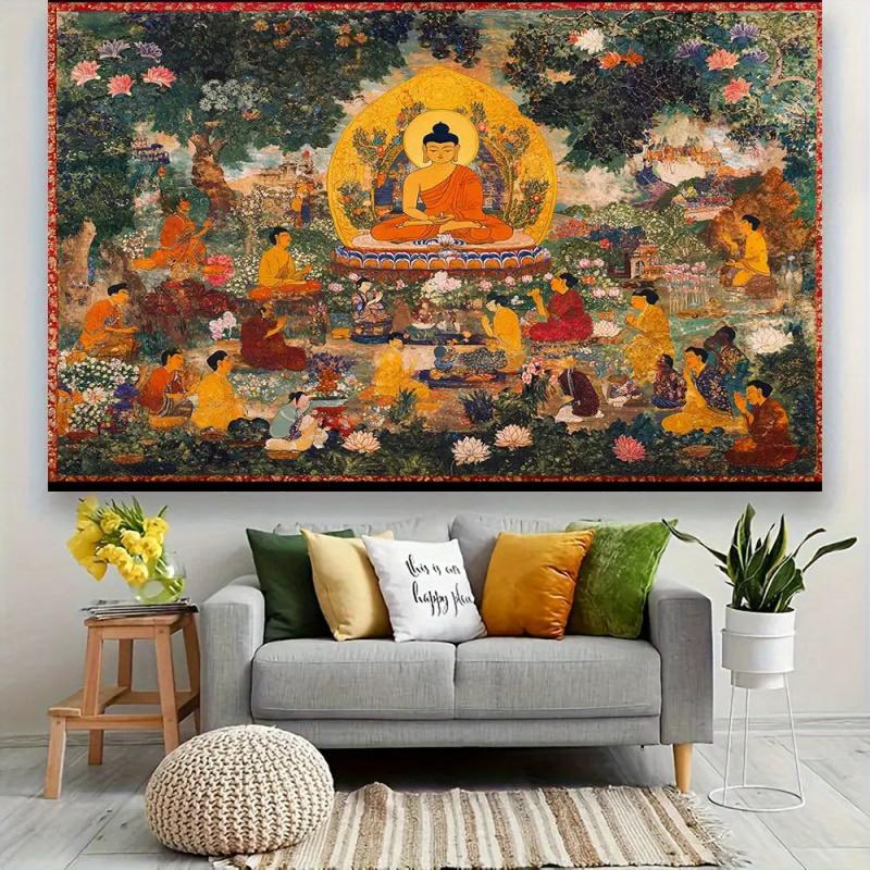 VIKAMA Buddhas Preaching Thangka Tapestry Lotus Garden Scene Wall Hanging For Prayer Room Tea Room Living Room Decor Cultural