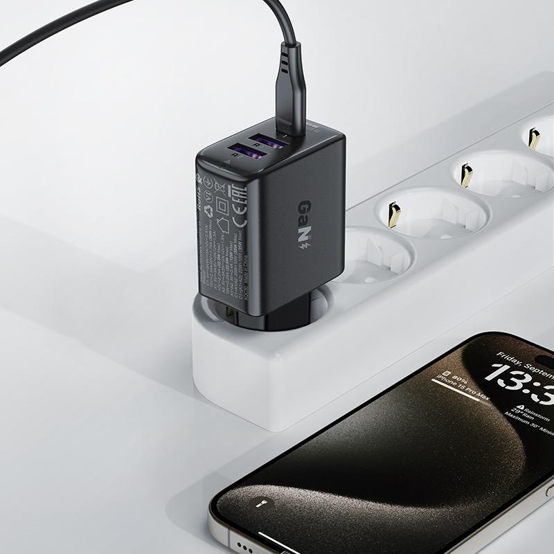 35W GaN PD Wall Charger with 3 Ports 2x USB-A + USB-C Black
