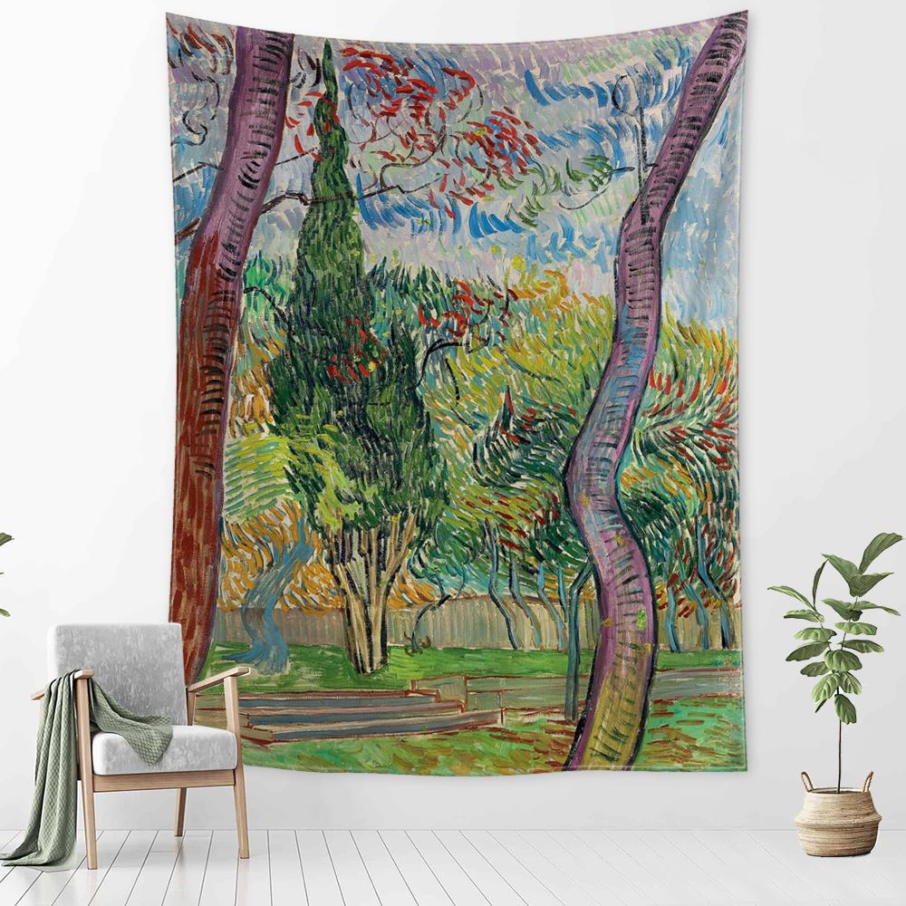 Idyllic Forest Cabin Tapestry Wall Hanging Bohemian Psychedelic Mystery Van Gogh Oil Painting Bedroom Decor