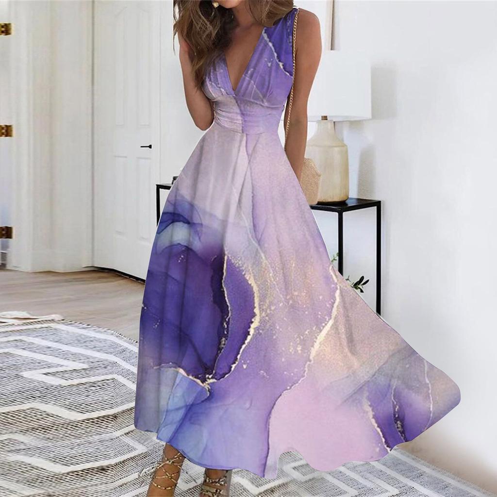 Langes Kleid für Damen, Maxikleid, Freizeitkleid, Swing-Kleid, A-Linien-Kleid, Blumenmuster, Mode, Streetwear, Outdoor, Alltag, Datumsdruck, ärmelloses Kleid mit V-Ausschnitt