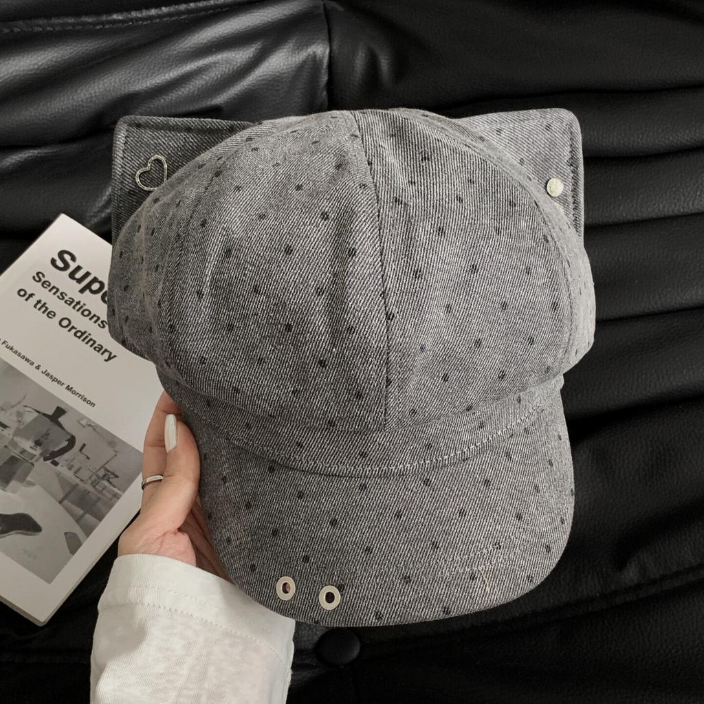 Polka dot love ears octagonal hat female retro old newsboy hat autumn and winter face small versatile painter hat
