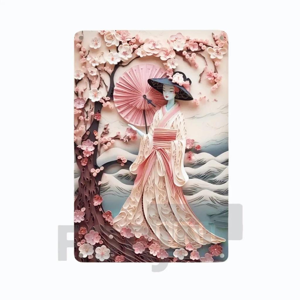 2D Japanisches Kunstposter Kimono Kirschblüten, elegantes Retro Geisha Metallschild, Zuhause, Zimmer, Büro, Izakaya, Café, Studio Wanddekor