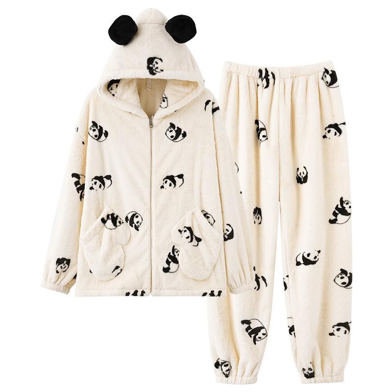 Cozy Fleece Pajama Set Couples Panda Cartoon Print Warm Winter Home Wear Long Sleeve Hooded