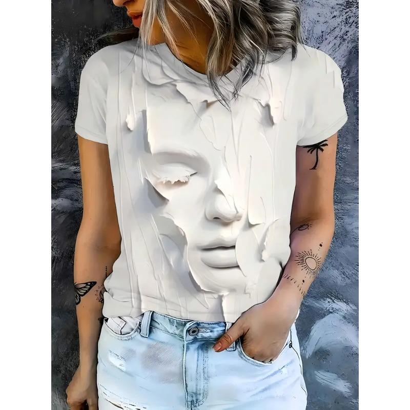 Dam T-shirt 3D 3D Ansiktstryck Mode Dam Kortärmad Rund Hals Casual Bekväm Topp