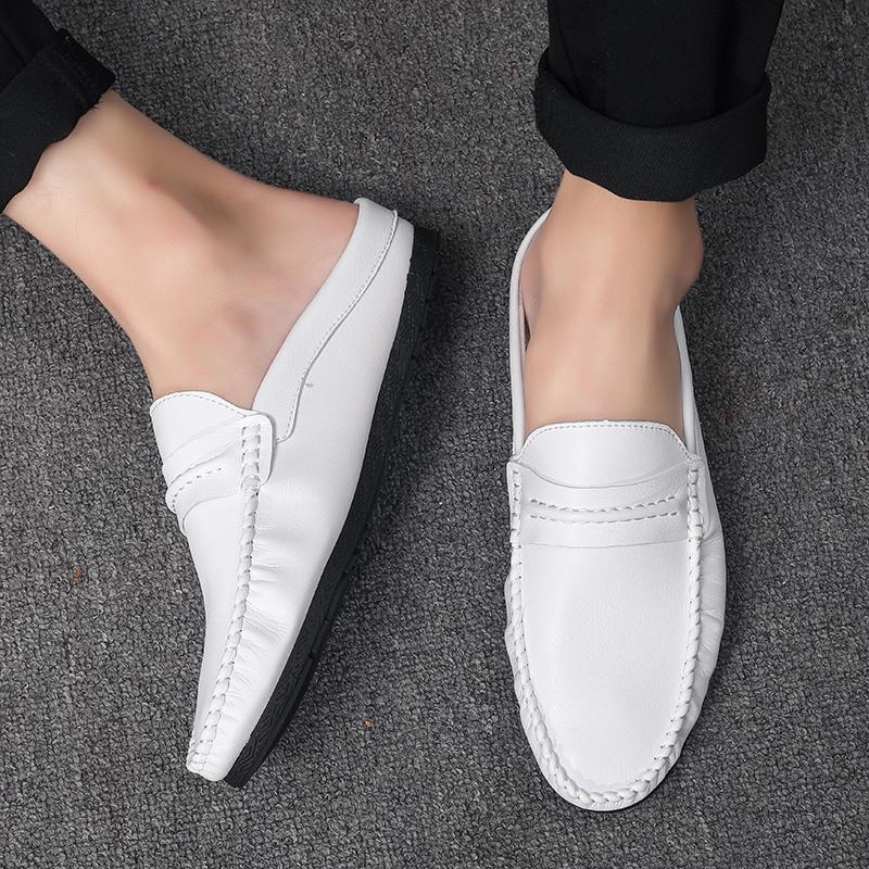 Summer Men'S Half Slippers Leather Slip On Shoes Lightweight Male Flats Casual Mules Moccasins Breathable Open-Back Loafers