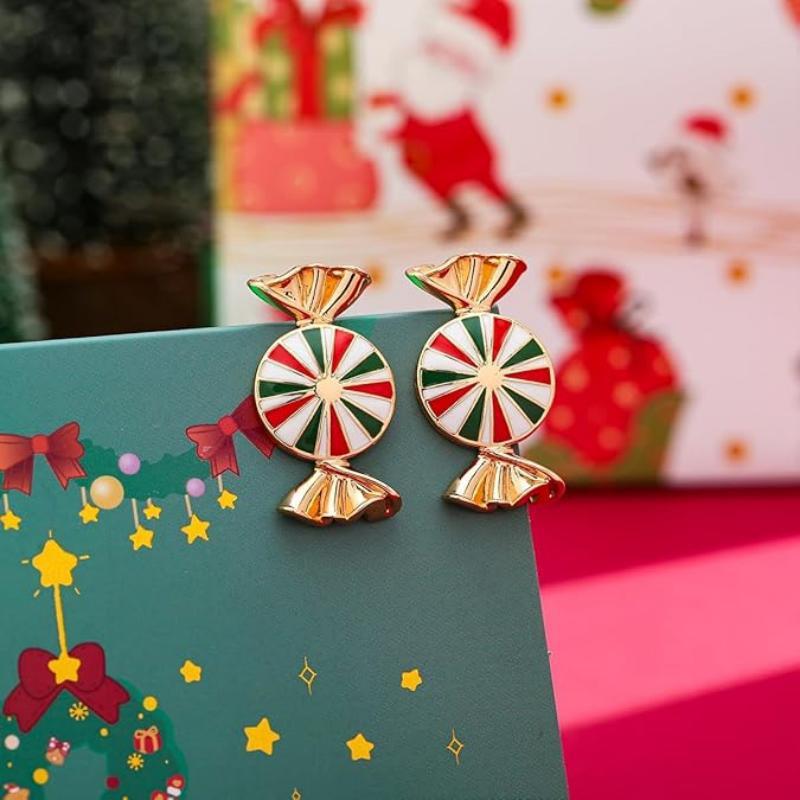 Trendy Christmas Mini Bow Candy Earrings for Women Shiny Rhinestone Striped Candy Cane Stud Earrings Party Jewelry Accessories