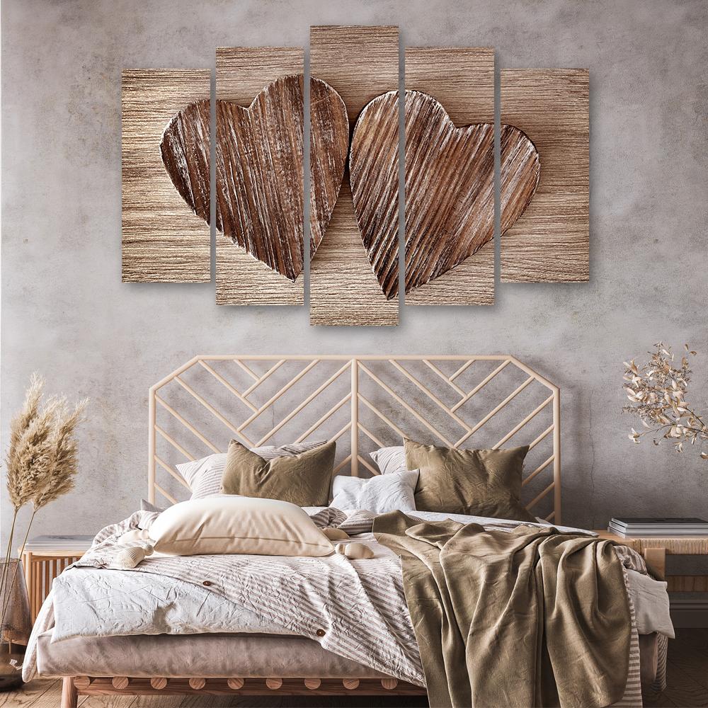 Five Piece Picture Canvas Print Heart Wood Brown Retro