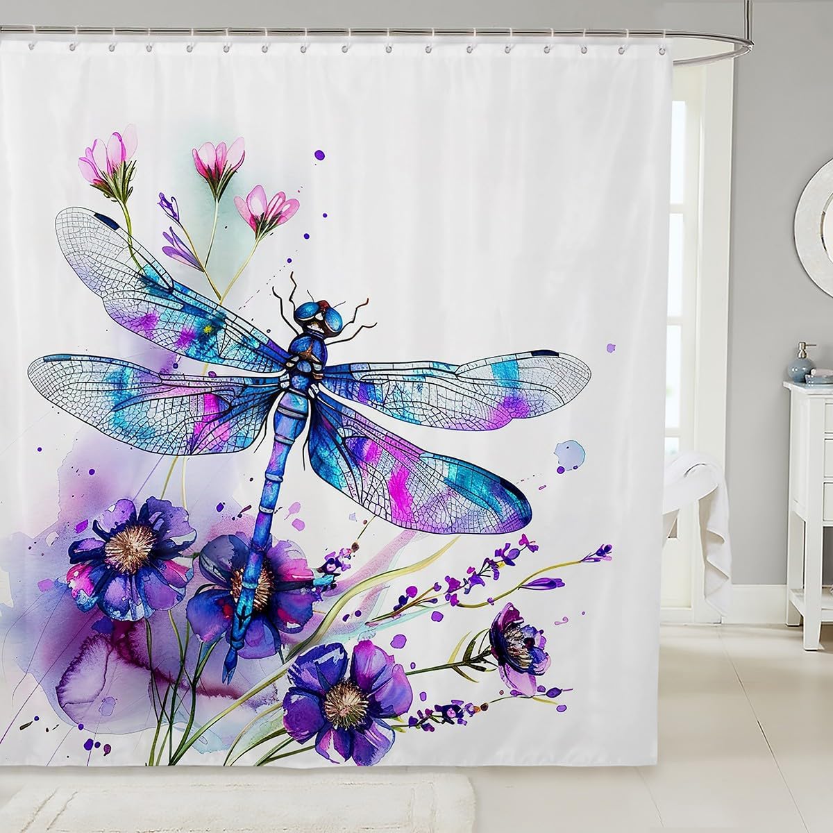 

Dragonfly Summer Shower Curtain Butterfly Flower Lotus Dandelion Floral Nature Bathroom Decor Polyester Bath Curtain With Hook W60H190(CM)-1 Pcs