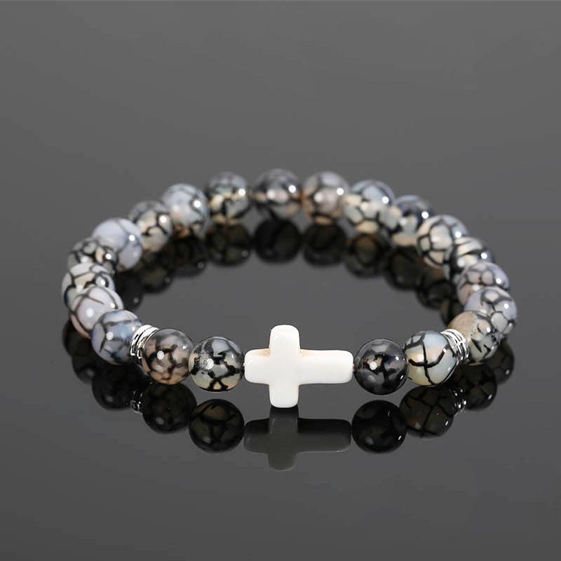 Natural Tiger Eye Quartz Turquoise Volcanic Stone Elastic Beaded Bracelets for Men Women Personality Cross Bracelet Jewelry Gift