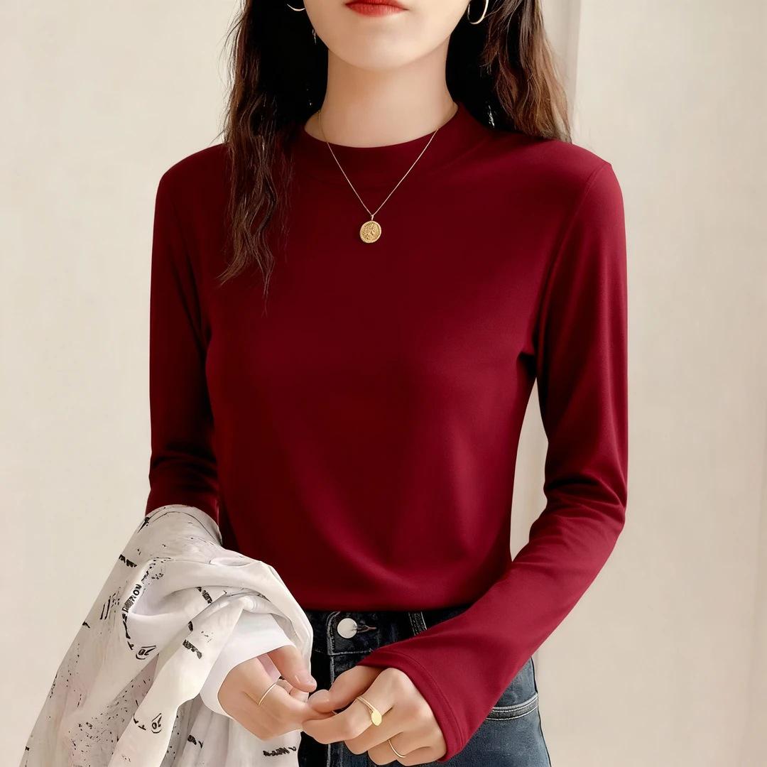 

Women s Brushed Fleece Stand Collar Base Layer Shirt - Solid Color, Long Sleeve, Plus Velvet, Casual Autumn/Winter Top L