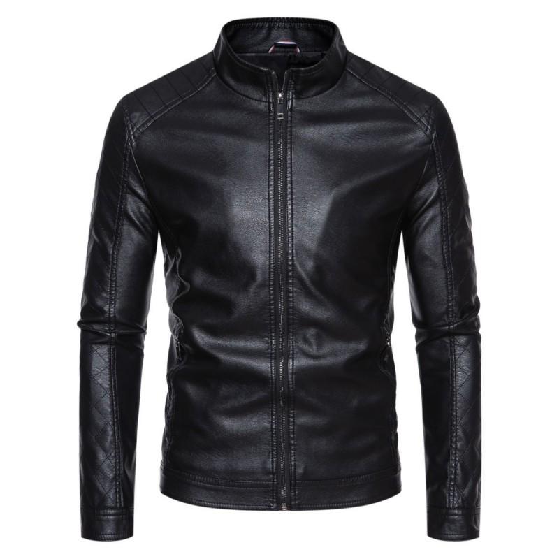 Mens PU Leather Biker Jacket Stand Collar Slim Fit Casual Motorcycle Coat
