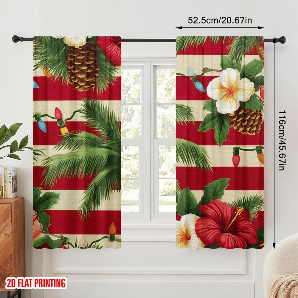 2 Stück, 2D-Flachdruck Vorhang Beliebte tropische Santa Strandszene mit Palmen & Ozean Langlebiges Polyester (ohne Stange)