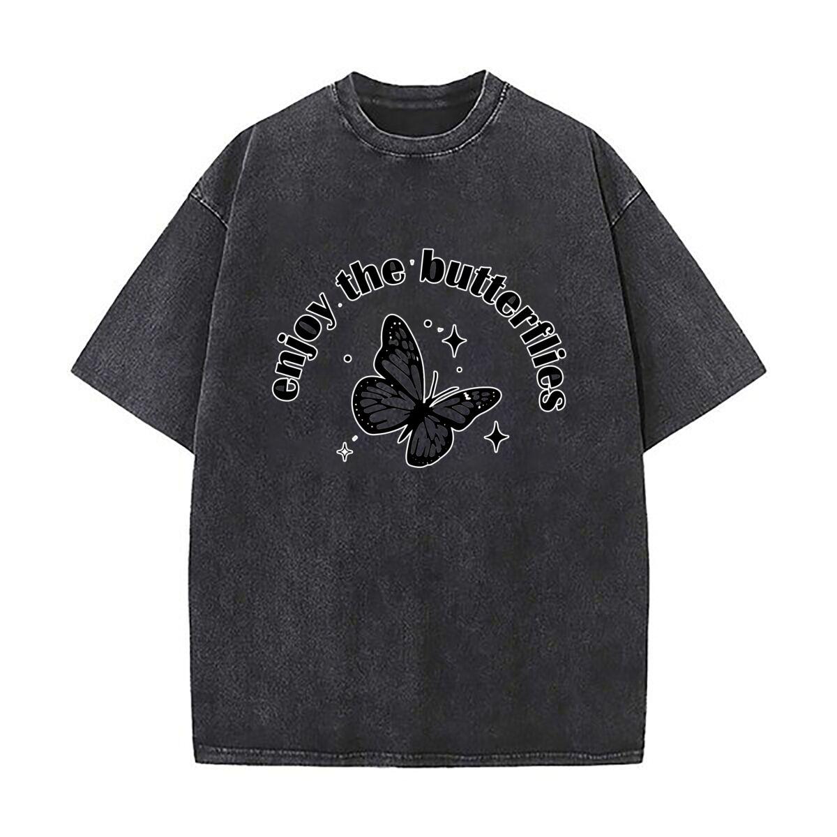 Enjoy the butterflies  Text Art Mens Summer Tshirt Cotton Vintage Washed TShirts S
