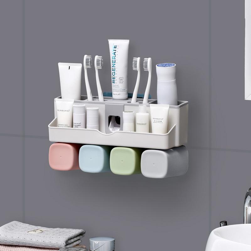 Punch-Free Wall-Mounted Toothbrush Rack with Automatic Toothpaste Dispenser and Mouthwash Cup