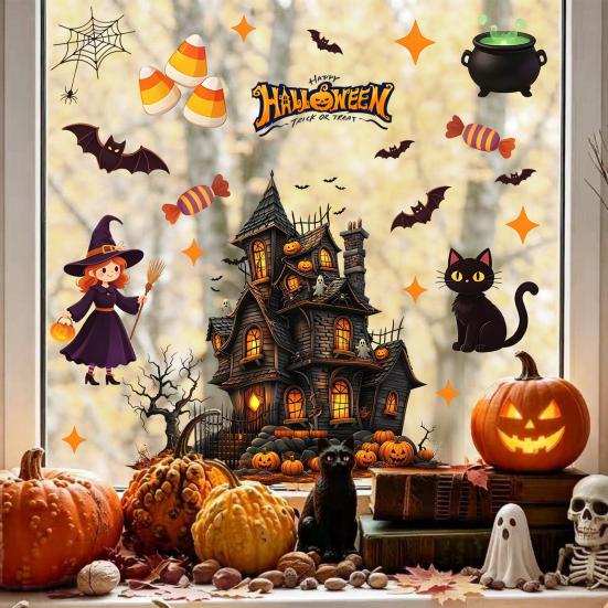 Static Glass Sticker, Halloween Window Clings, Reusable Electrostatic Decals, Haunted House Stickers for Glass Doors Windows, for Halloween Party