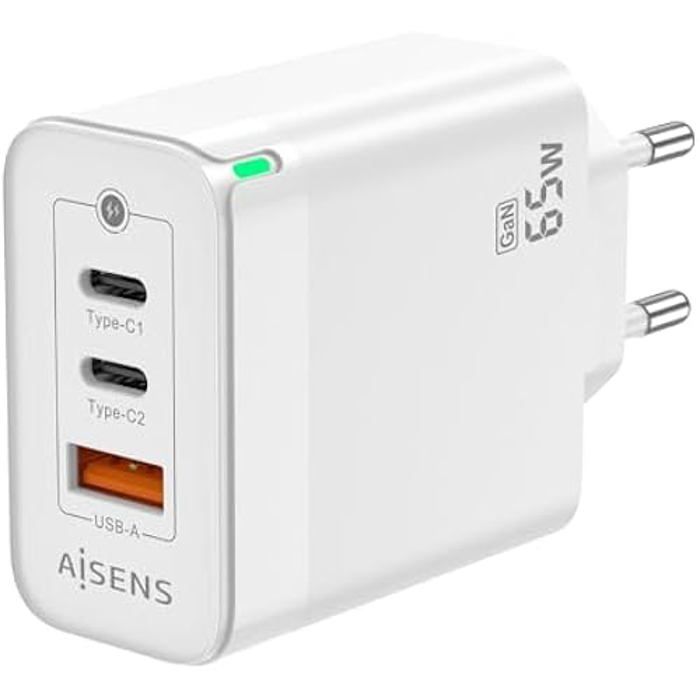 AISENS GAN Chargeur 65W 2XUSB-C PD3 0 QC4 0 1XUSB-A QC3 0 Blanc