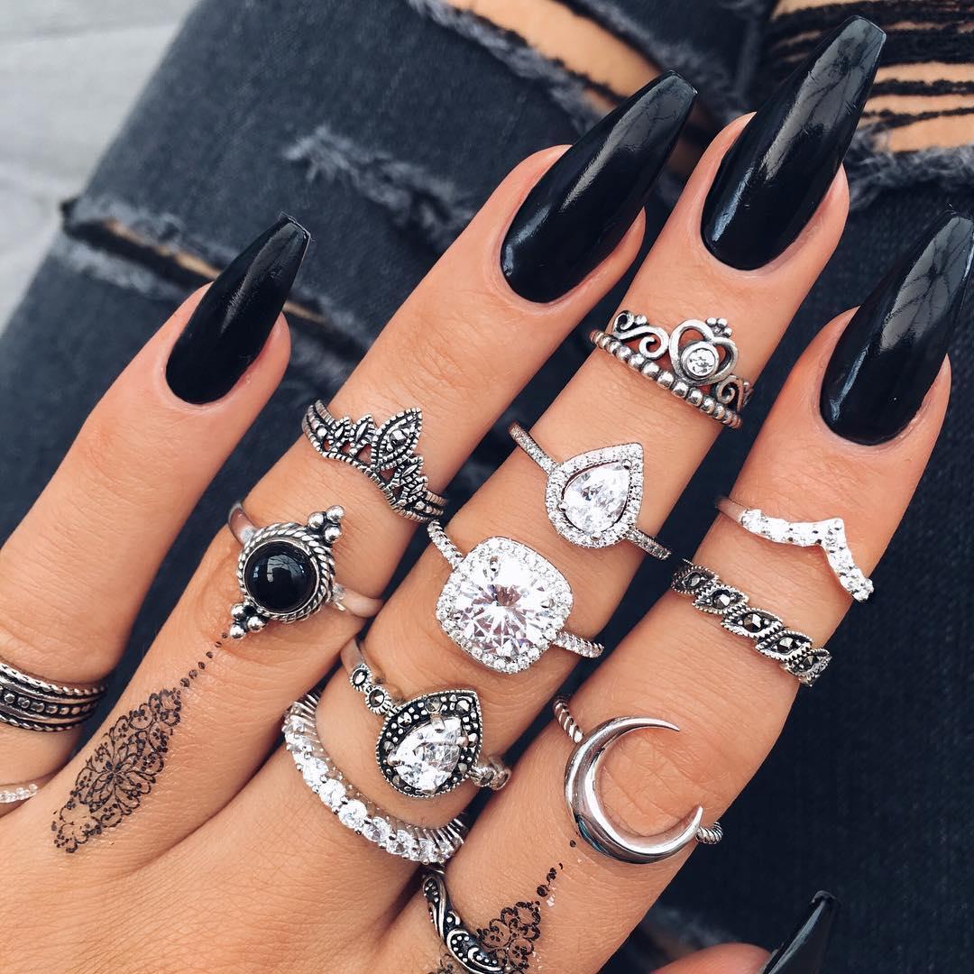 

Women s Retro Antique Silver Crystal Moon Ring Set - 11-Piece Collection