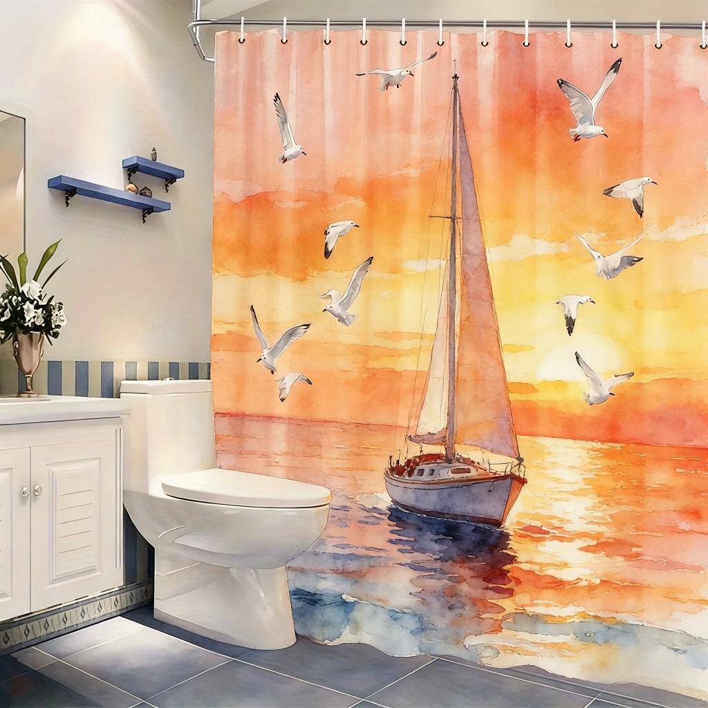 Watercolor Sunset Ocean Sailboat & Seagulls Waterproof Shower Curtain For Bathroom Decor