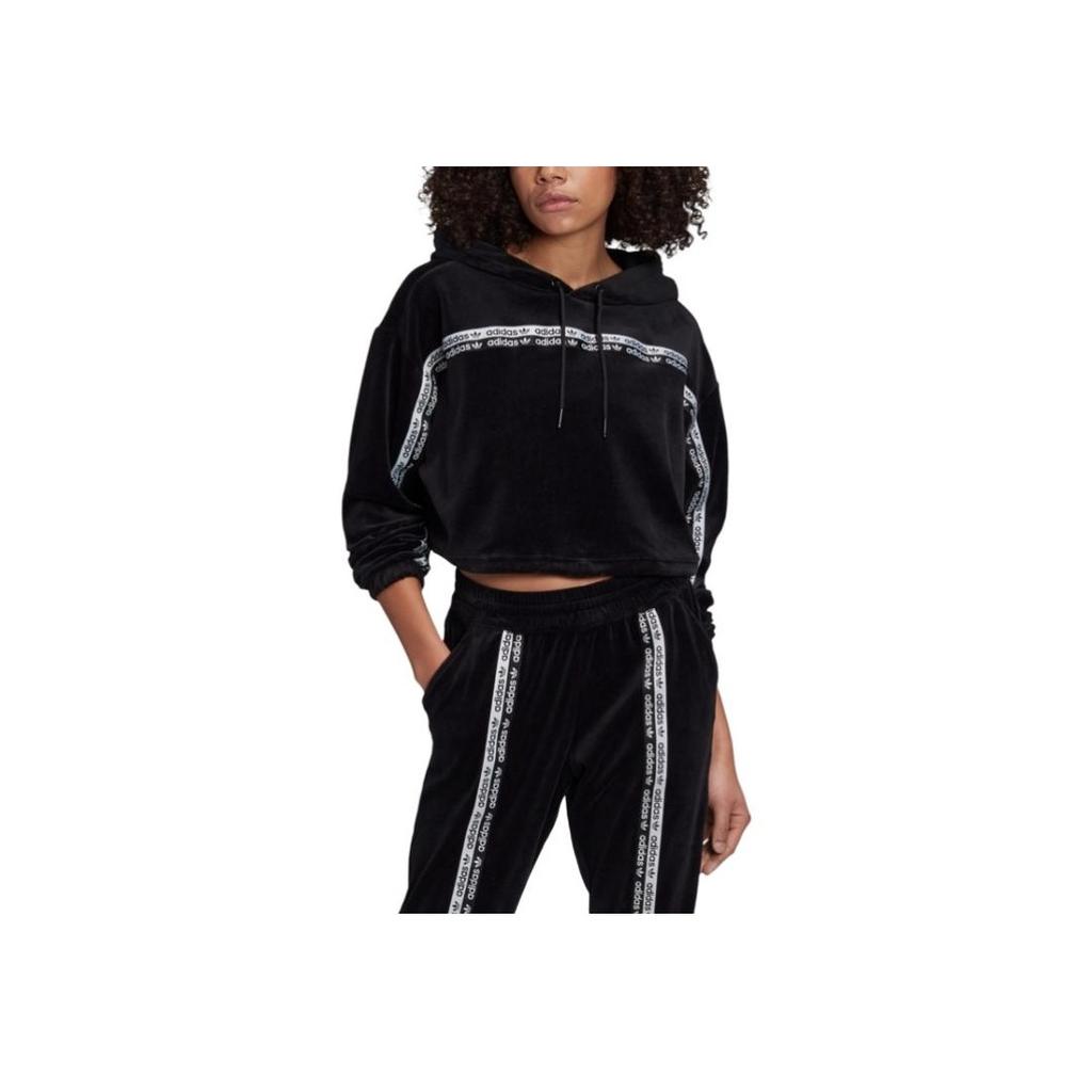 Adidas Originals Clover Logo Print Cropped Hoodie Women Tops Black GI1117