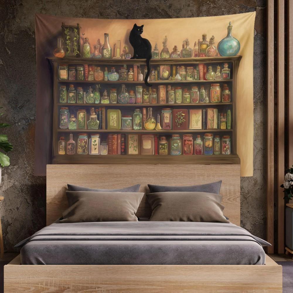 Retro Witch Potion Cabinet Black Cat Tapestry Dark Academy Style Living Room Background Cloth Room Decoration