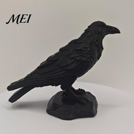 Dark Aesthetic Desk Decor 3D Printed Crow Statue, Gothic Academia Bird Sculpture, Matte Black Raven Sculpture Figurine, Stable Rock Base for