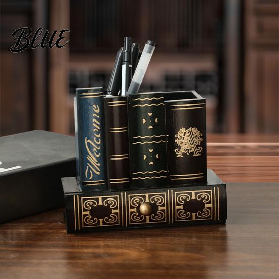 Retro Book-shaped Pen Holder Wooden Book-Shaped Holder Desk Organizer with Drawer Thickened Base Creative Storage Container for Pens Notes