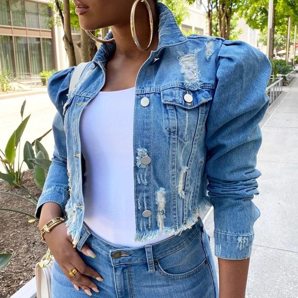 Frauen Sexy Ripped Denim Jacken Vintage Beiläufige Kurze Jean Jacke Puff Hülse Weibliche Mantel Streetwear
