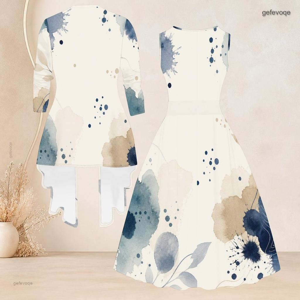 Women Plus Size Two Piece Outfit 3 4 Sleeve Open Front Cardigan Sleeveless Crew Neck Printed Tie Waist Flared Dress