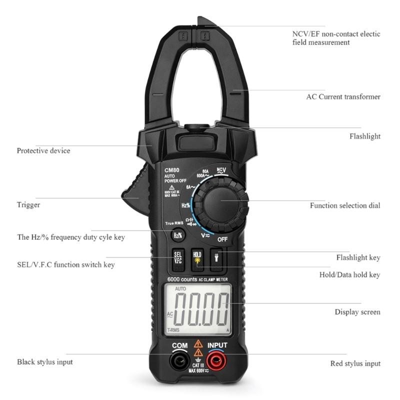 Handheld Clamp Meter T-RMS 6000 Counts Multimeter Voltage Tester Auto-ranging Measures Current Voltage Diodes Duty Cycle