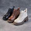 Women's Autumn Winter Block Heel Leather Ankle Boots Thick Sole Non Slip Round Toe Zippers Waterproof Plush Warm Cotton Boots