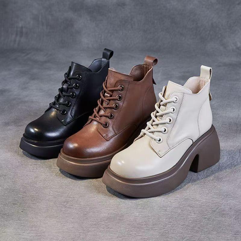 Women's Autumn Winter Block Heel Leather Ankle Boots Thick Sole Non Slip Round Toe Zippers Waterproof Plush Warm Cotton Boots