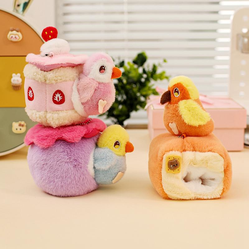 Kawaii Lifelike Bird Plush Toy Soft Parrot Nest Stuffed Plushies Keychain Simulation Animals Pendant Gift for Birthday Xmas