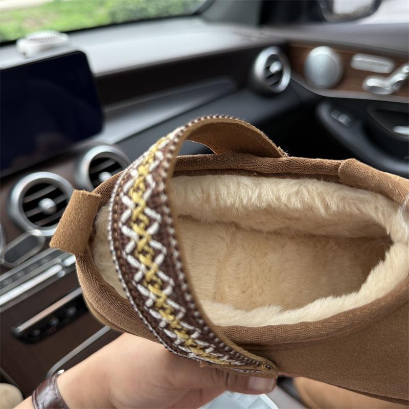 New woven bag head platform slippers women's genuine leather velvet thermal outdoor cotton boots with snow boots at the heel