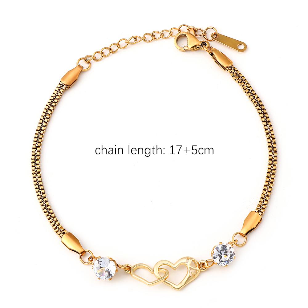 Cute Romantic Double Heart Rhinestone Stainless Steel Snake Chain Bracelet for Women Elegant Anniversary Party Gift Jewelry