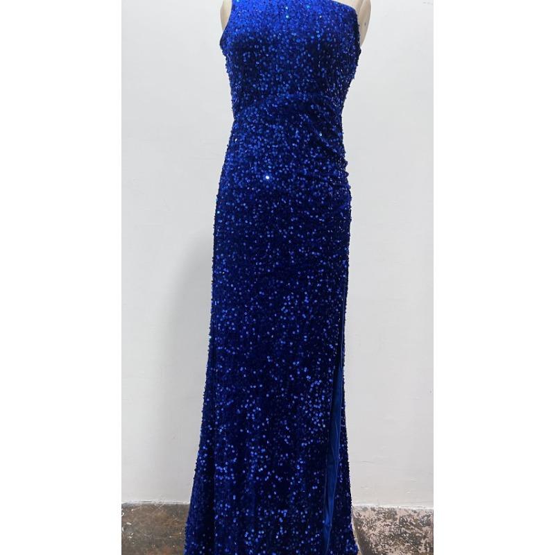 Damen Pailletten One-Shoulder Ärmelloses Schlitz Knöchellanges Bodycon Kleid