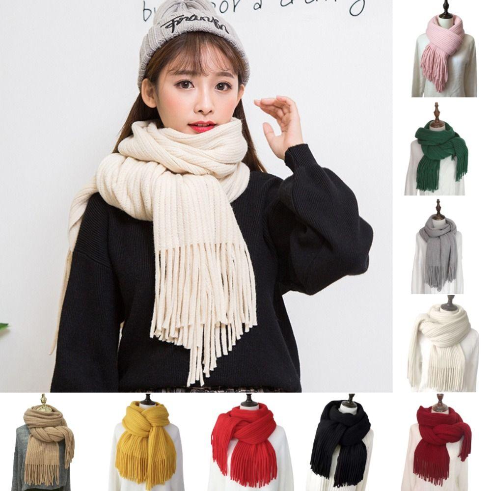 Long Tassel Winter Cashmere Scarf Warm Knitted Scarf Fashion Solid Color Scarves  Women